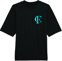 Load image into Gallery viewer, Cestfade acronym Black oversized T-shirt with blue flock print