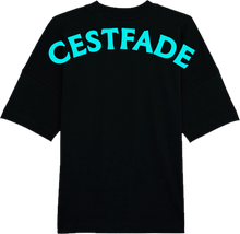 Load image into Gallery viewer, Cestfade acronym Black oversized T-shirt with blue flock print