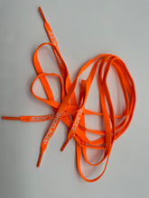 Load image into Gallery viewer, Orange shoelaces - white print &quot;SHOELACES&quot; 140 cm for any Sneakers accessory
