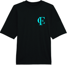 Load image into Gallery viewer, Cestfade acronym Black oversized T-shirt with blue flock print
