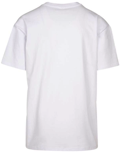Maschera design in Fuchsia print on white T-shirt